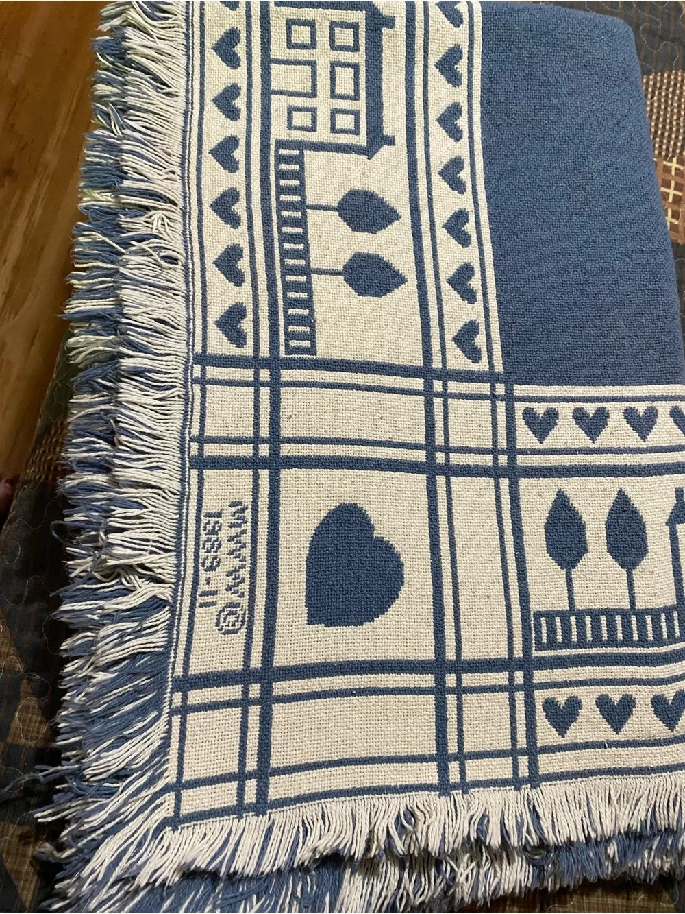 Source Unknown Blue and White Heart Motif Tapestry Vintage dated 1989